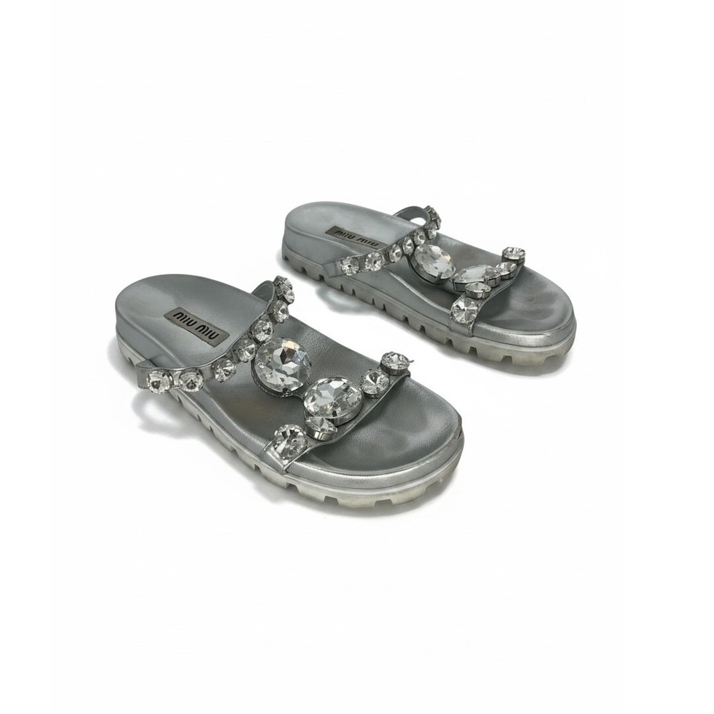 Miu Miu Argento Crystal Embellished Platform Slide Sandals Silver Size 39.5